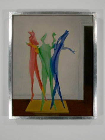 3 figural shapes on a platform that appear to be paper, in red, green, and blue, in a wall with pronounced white molding