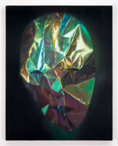 A painting of a face made out of cellophane, somewhat photorealist. There are tones of green, blue, purple, yellow.