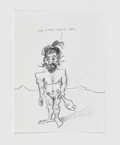 Graphite on paper drawing of caveman with words "Love is very diffuse meat."