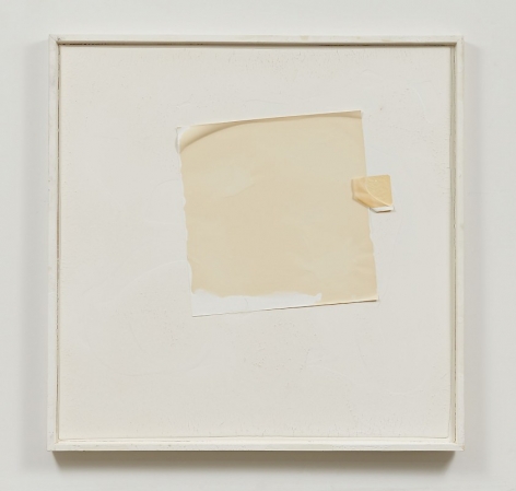 A white square ground framed in white. There is a medium sized square made of paper in the center, tilting to the left. It is coming up at the edges. At the right of the square, there is a smaller square that overlaps the right side. It is partially folded.