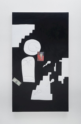 A mixed media work that is on a black background, with white obscure shapes. There is a ziggurat-form, a can, and what appears to be a front porch from the side view. There is an image of a dollar bill and a man in red.