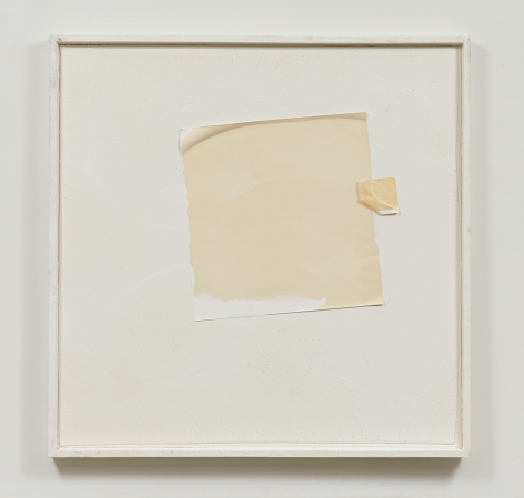 Two squares made of tracing paper, one big and one small, adhere to a piece of wood that is painted white by the paint alone. Framed in white.