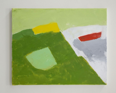 An abstract painting of a mountain in tones of green, yellow, and white