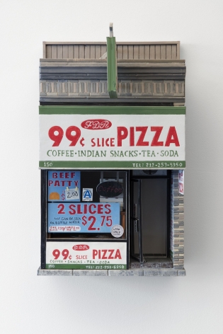 A sculpture made of foam and paper that depicts the facade of FDR pizza in the east village.