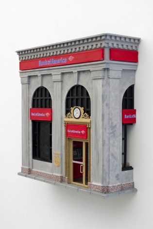 A sculpture made of foam and paper that depicts the facade of Bank of America.