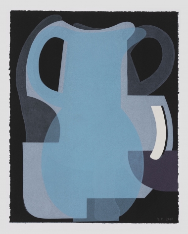 A print with varied layers of ink in blue, grey, and white; arranged to resemble a jug with a handle upon black ground