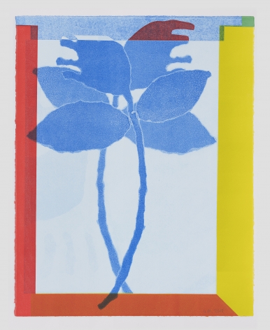 a print with blue flowers, surrounded by a red and yellow border
