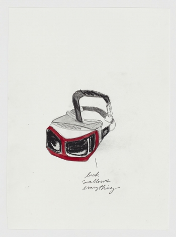 A drawing on white paper. A red VR headset, drawn semi-realistically, with the hand-drawn text "luck swallows everything" at bottom-right in cursive type.