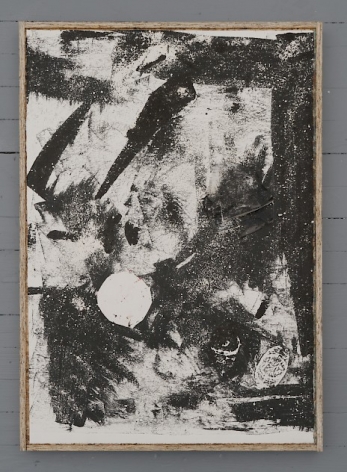 A black and white collograph print that includes layers that have been printed over to resemble folds. There are also imprints of squished cans.