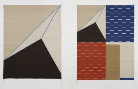 Two wool rugs with geometric shapes upon them, mostly triangles