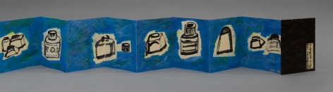 Accordion book with blue-green background and ink drawings of varied vessels