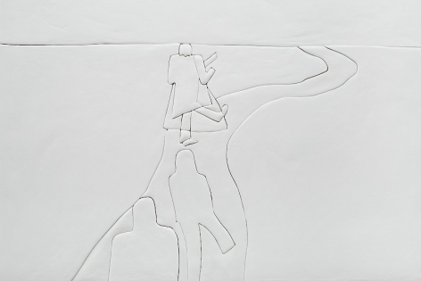 A photograph of a detail of the bottom-third of Sadie Benning's artwork, where 3 figures seem to be walking up a path toward a horizon line.