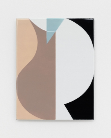 An abstract composition with a vertical line down the center. On the right half is a white shape on a black background; on the left side is a taupe shape on a beige background. At the top, we see a pale blue triangle.