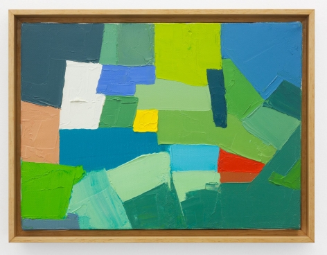 An abstract technicolor painting of green, blue, yellow, red, white, and beige.