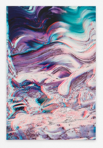 An abstract composition of purple, teal, and pink.