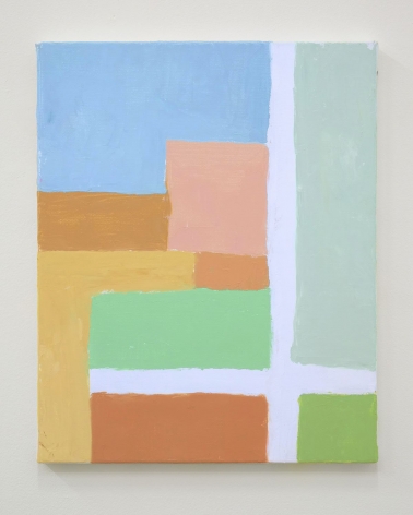 An abstract painting of squares and rectangles in tones of blue, green, orange, brown, and white