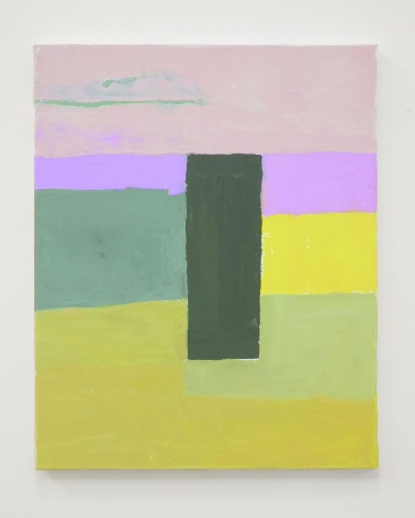 Abstract composition with a green rectangle and hues of green, yellow, pink, purple.