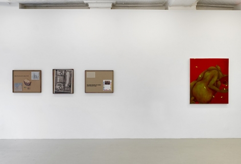 An installation view of 3 collages by Lyndon Barrois Jr., and a red painting of a figure crouched over by Ranee Henderson