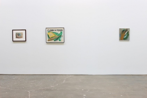 A photograph of the installation at SITE 131, including 3 framed drawings by Lee Lozano.