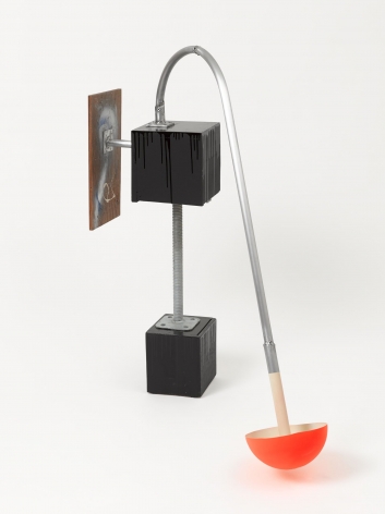 A mixed-media sculpture: small wood base painted black with an aluminum pole that connects to another black wood block above it. From this 2nd block, there is an arm with a semi-circular orange piece of plastic at the end, touching the floor, and the other arm shows a wood slab with some paint upon it.