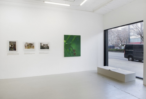 An installation view of 3 photographs by Jiri Skala of factory machines, one green painting by Ranee Henderson of a figure lying down reaching upwards, and one book by Shawné Michaelain Holloway installed on the ground in front of a large window