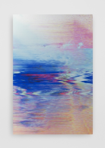 A glitch work on aluminum that is mostly blue and red