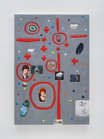 A mixed-media work on canvas. There is a red cross shape surrounded by several red circles. There are photographs from magazines and dots of blue, yellow, black, orange, and red.