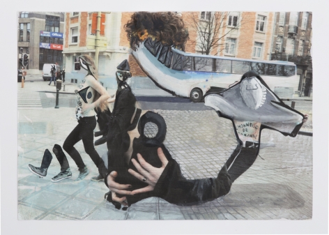 An image from a newspaper that has elements of collage and paint over it. There are partial body parts (legs, arms) that are dressed in black, without heads. They are talking on a city block, and in the background a public transport bus morphs into their scene.