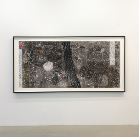 An installation shot of Kahlil Robert Irving's collograph print, framed in black
