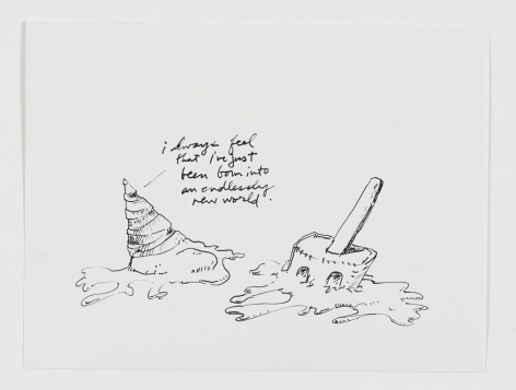 A black and white drawing of a melted ice cream cone, with hand-written cursive text "I always feel that i've just been born into an endlessly new world" coming off of it at right. To the left of this figure is a half-melted Spongebob Squarepants ice cream on a stick.