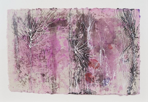 A mixed media, web-looking abstract image with white and black tendrils on a purple and pink background