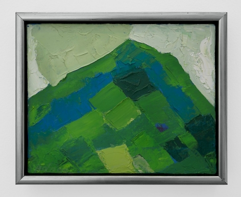 An abstract painted canvas of a mountain. There are squares and rectangles of different hues of blue, green, and white.