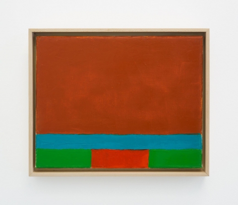 A abstract composition with two-thirds of the top portion of the canvas in burnt sienna; the bottom-third has a strip of sky blue, then a strip of kelly green along the bottom edge. In the center of the green strip is a red rectangle.