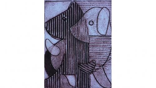 Ulrike Müller's print of 2 dogs embracing, made in tones of black and purple, layered in space with cross-hatching