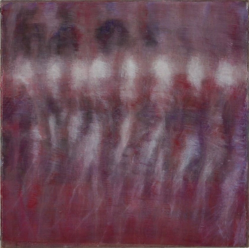 An abstract painting in pink, red, purple, and white
