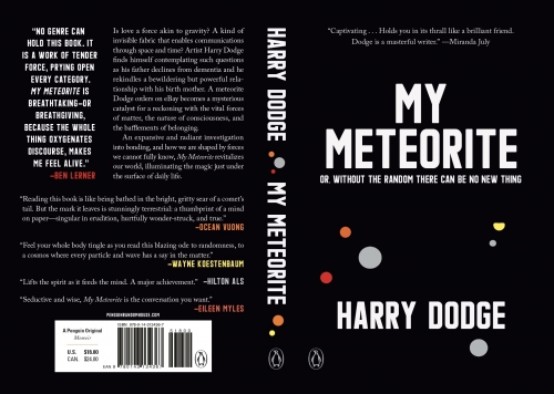 The cover of Harry's Dodge's book "My Meteorite," with quotes by prominent writers including Eileen Myles, Hilton Als, and Wayne Koestenbaum