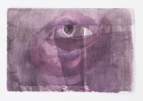 A purple drawing with varied white and black strokes of watercolor, and an eye-form in the center