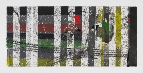 A work on paper with tire marks, yellow, red, and green hues, and mixed media